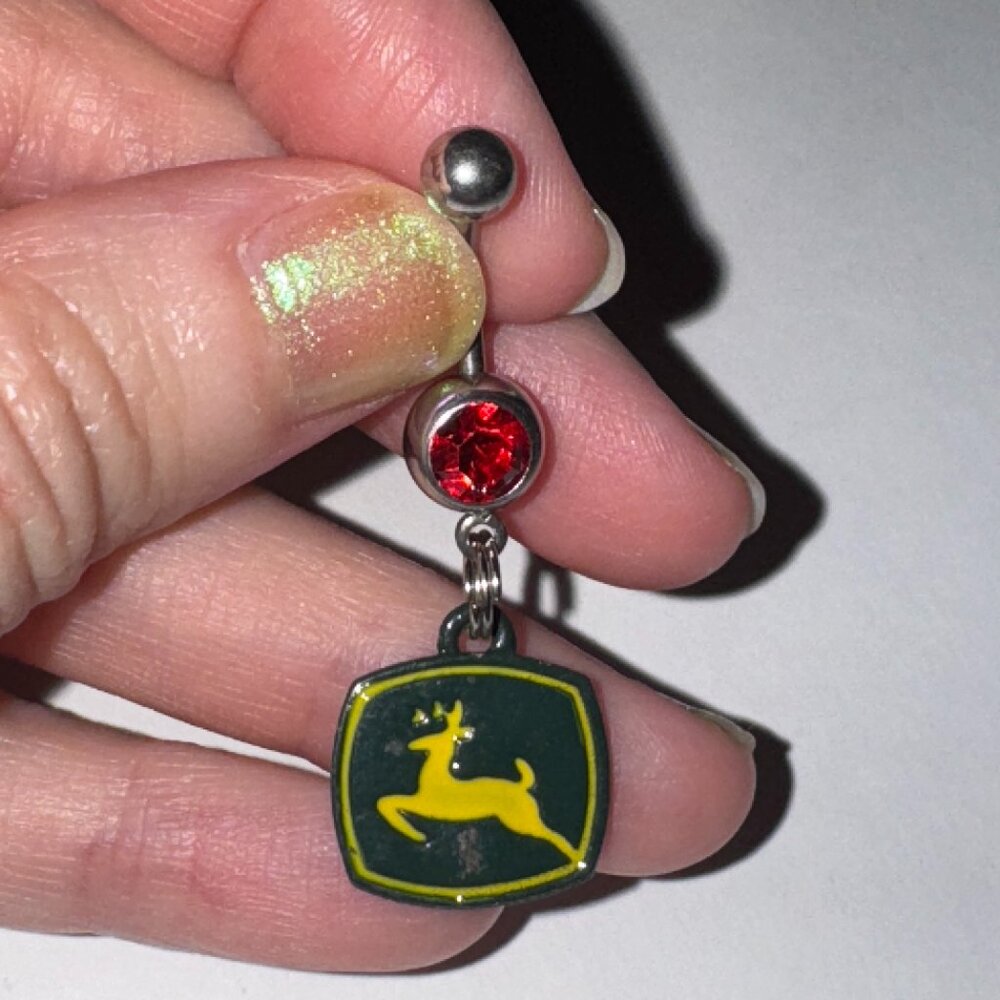 Red Gem John Deere Dangle Belly Ring